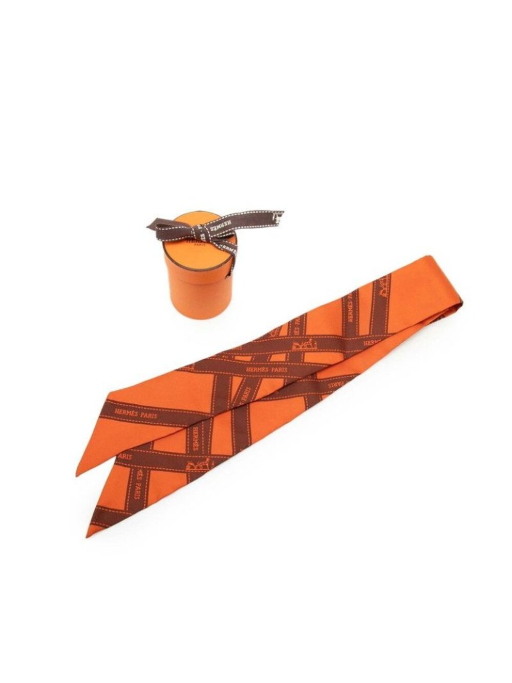 Hermes Twilly Bolduc Pattern Scarf Orange Brown Silk - Picture 5 of 5